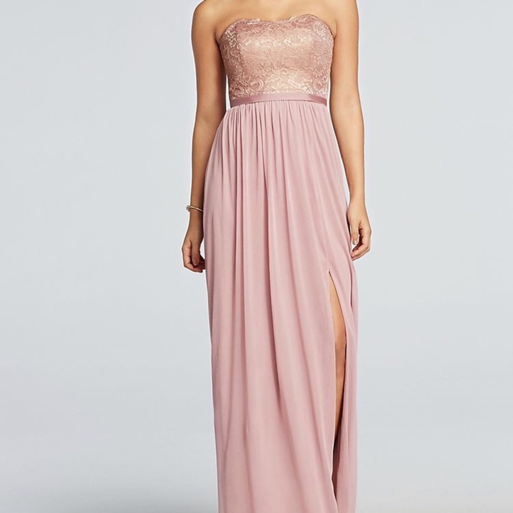 David’s bridal rose gold strapless gown